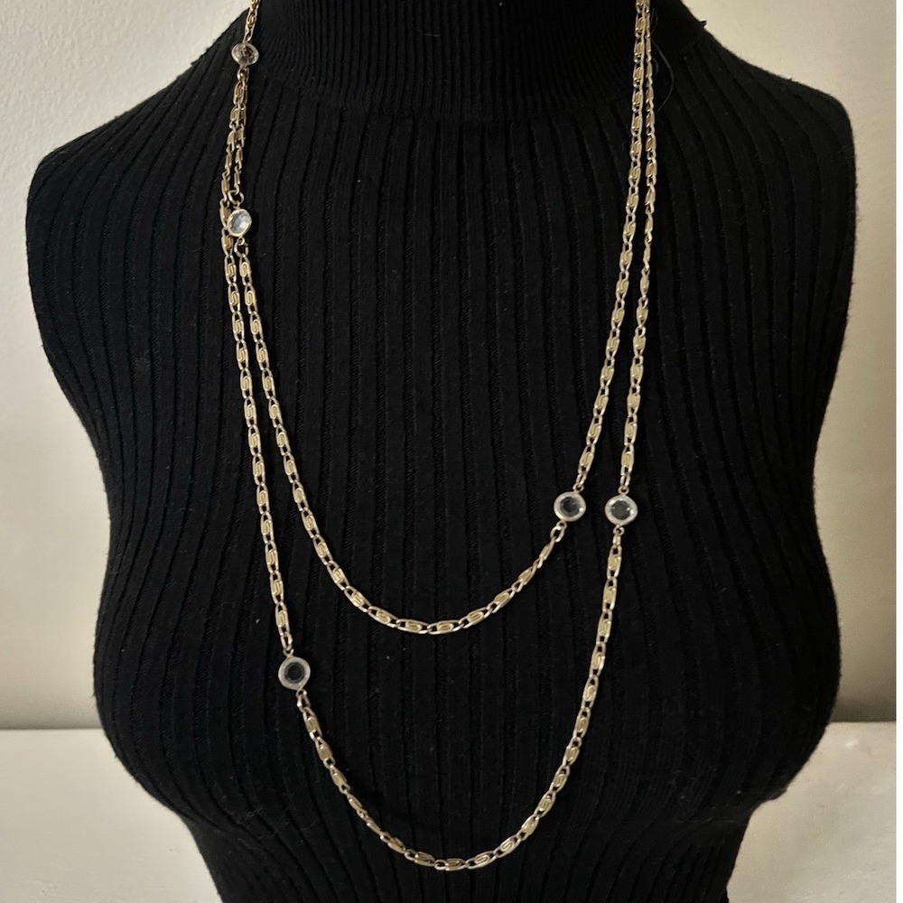 Vintage Accessocraft NYC 60 Inch Gold Tone Crystal Station Long Chain Necklace